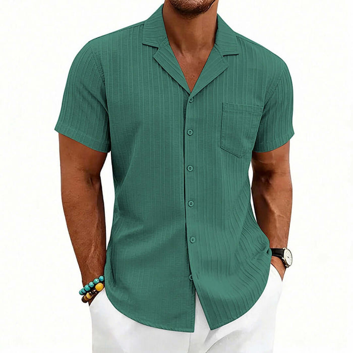 Men's Casual Cuban Neck Short Sleeve Shirt in green, featuring a stylish design and comfortable fit.