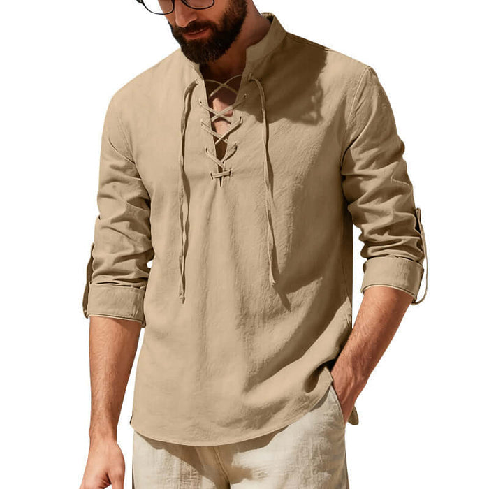 Men's Casual Long Sleeve Linen Henley Shirt Breathable Linen Fabric