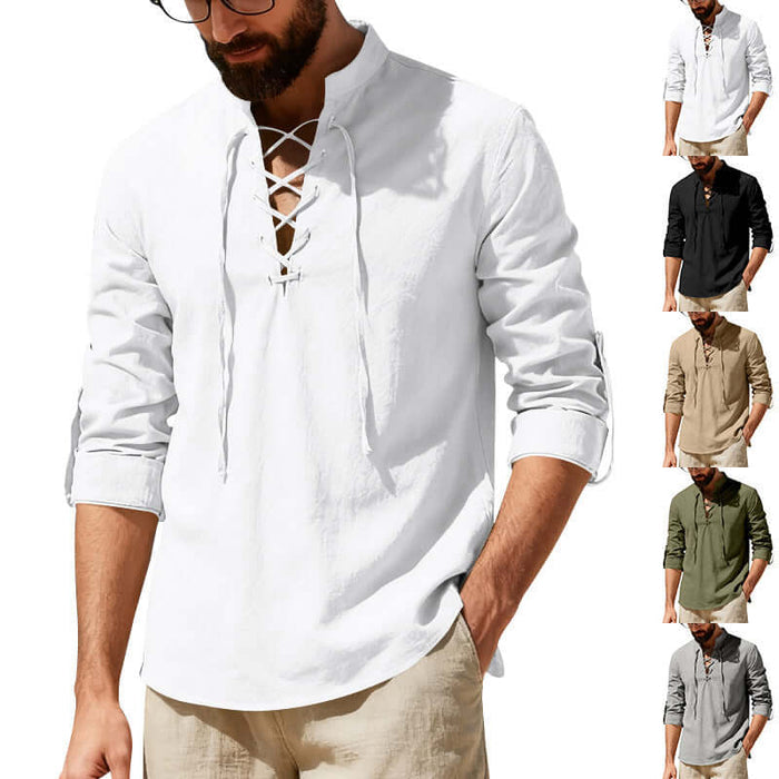 Men's Casual Long Sleeve Linen Henley Shirt Comfortable Relaxed Fit