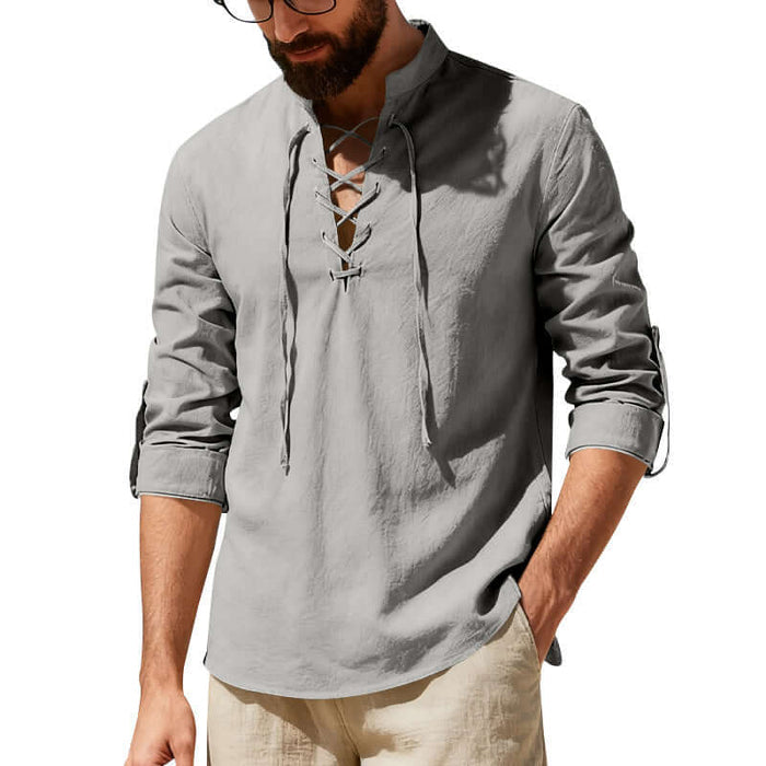 Men's Casual Long Sleeve Linen Henley Shirt Soft Natural Fabric