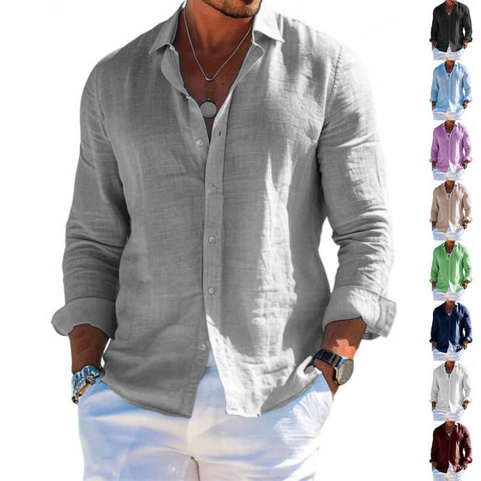 Mens Casual Loose Long Sleeve Button Down Shirt in gray, model wearing it with white pants, showcasing available colors.