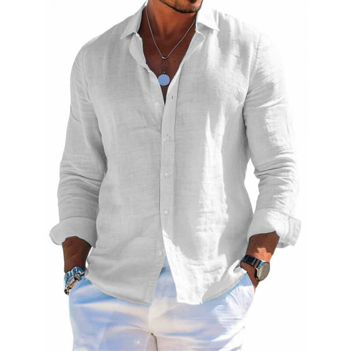 Mens Casual Loose Long Sleeve Button Down Shirt in white, worn by a man, features rolled sleeves and a stylish open collar.
