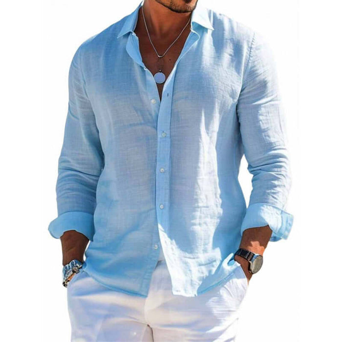 Mens Casual Loose Long Sleeve Button Down Shirt in light blue worn by a man with accessories.