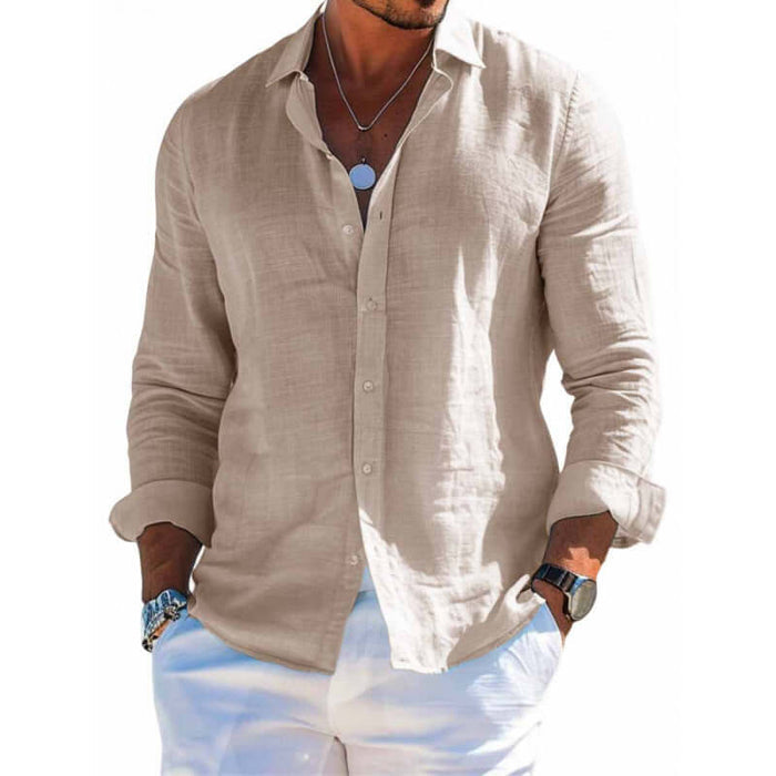 Mens Casual Loose Long Sleeve Button Down Shirt worn by a man with hands in pockets.