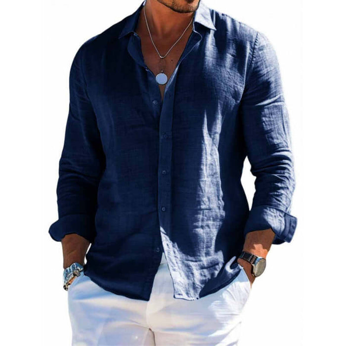 Mens Casual Loose Long Sleeve Button Down Shirt in navy blue worn by a man with shorts and accessories.