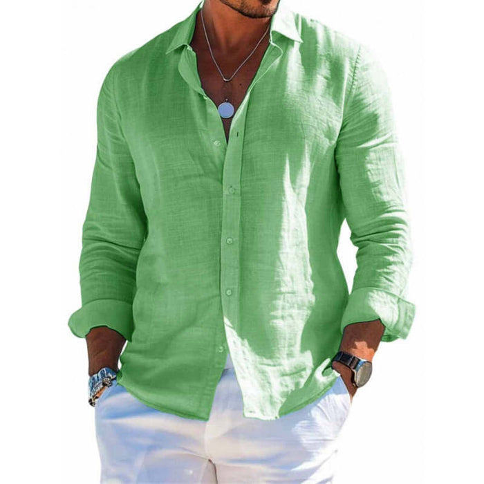 Mens Casual Loose Long Sleeve Button Down Shirt in green color, model wearing with rolled up sleeves.