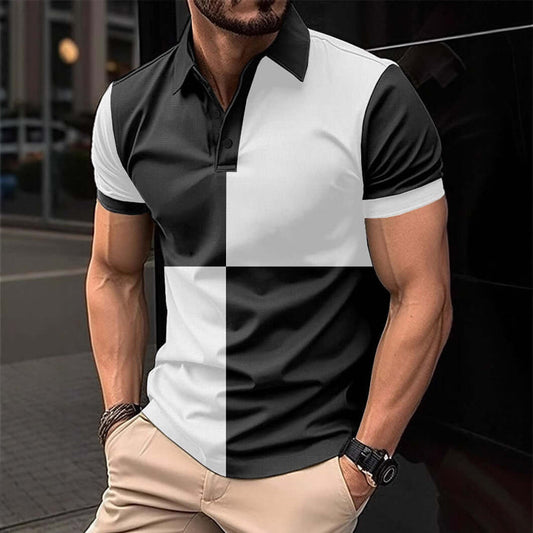 Mens Casual Sports Color Stitching Turnover Polo black and white