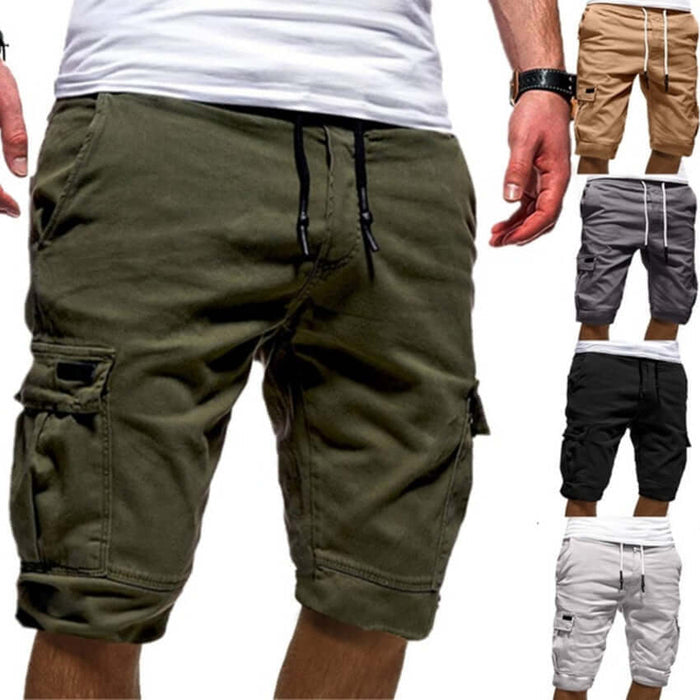 Men's Casual Tactical Cargo Shorts in olive green color with pockets, showcased with other color options.