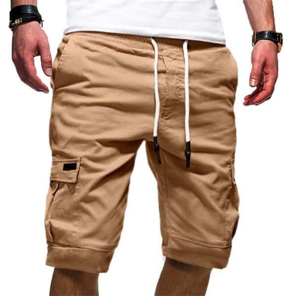Men's Casual Tactical Cargo Shorts displayed on model, featuring adjustable drawstring and multiple pockets in a stylish design.
