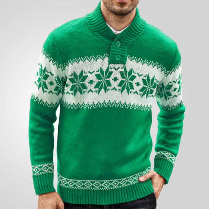 Men’s Christmas Jacquard Knit Pullover Sweater in green with festive snowflake design and buttons.