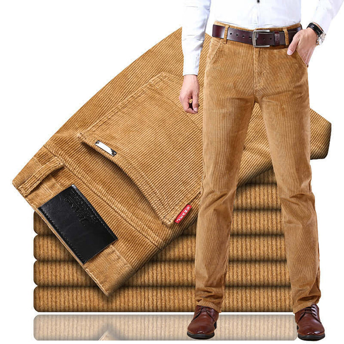 Mens Corduroy Trousers zipper placket close up.