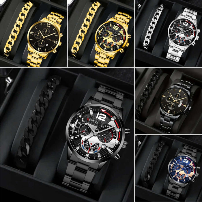 Men's Fashion Business Three-Eye Quartz Watch & Bracelet Set displayed in an elegant box.