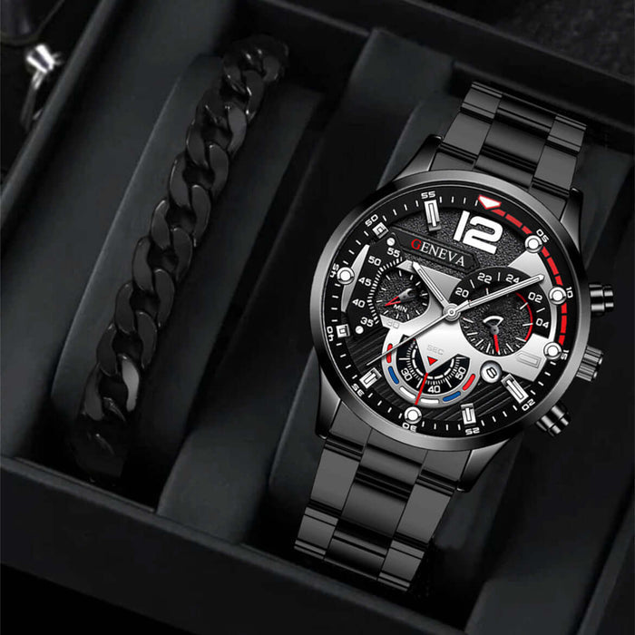 Men's Fashion Business Three-Eye Quartz Watch & Bracelet Set in a stylish gift box display.