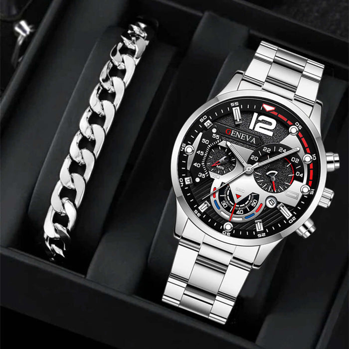 Men's Fashion Business Three-Eye Quartz Watch & Bracelet Set displayed in a stylish black box.