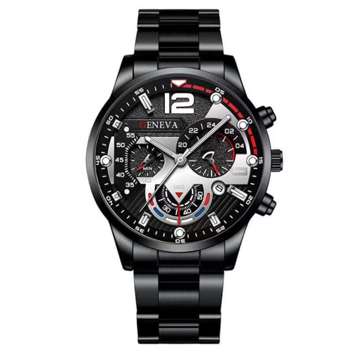 Men's Fashion Business Three-Eye Quartz Watch & Bracelet Set in sleek black design with chronograph features.