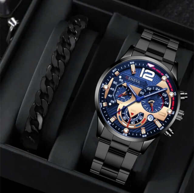 Men's Fashion Business Three-Eye Quartz Watch & Bracelet Set displayed elegantly in a luxury box.
