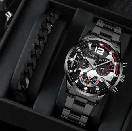 Men's Fashion Business Three-Eye Quartz Watch & Bracelet Set in black presented in a stylish box.