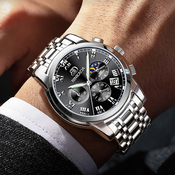 Mens Fashion Quartz Watch Waterproof Stainless steel belt black.