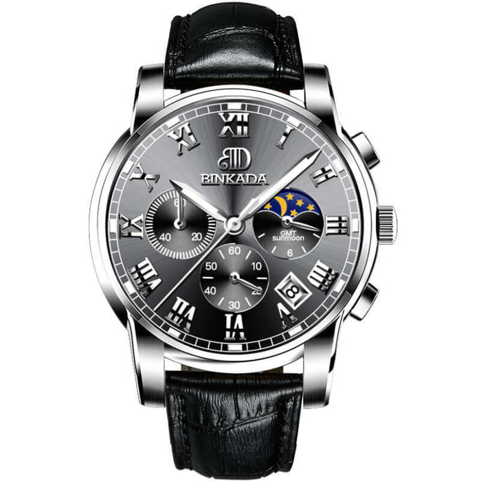Mens Fashion Quartz Watch Waterproof Stainless leather belt black.