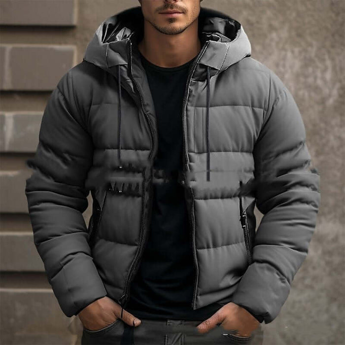 Mens Hooded Jacket Winter Pockets Zip up Casual Coat displayed on a model in a stylish urban setting.