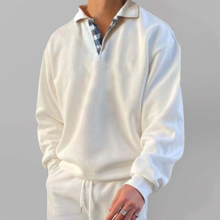 men's lapel long sleeve solid color loose fit polo shirt front view