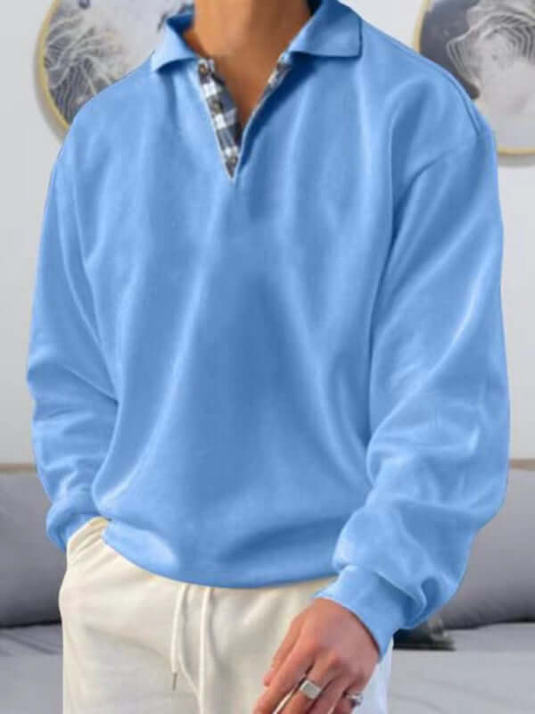 men's lapel long sleeve solid color loose fit polo shirt back view