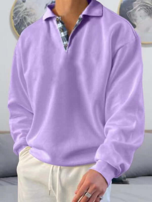men's lapel long sleeve solid color loose fit polo shirt fabric closeup