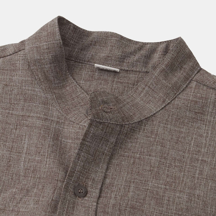 Men's Luxury Casual Button Up Shirt in brown linen fabric with a stylish collar and button detail.
