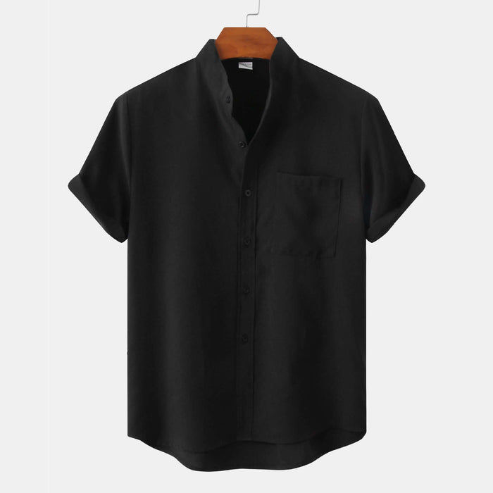 Men's Luxury Casual Button Up Shirt in black with short sleeves and pocket detail.