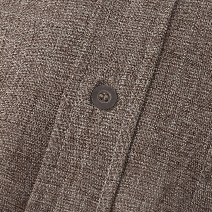 Close-up of a button on a Men's Luxury Casual Button Up Shirt made from textured brown fabric.
