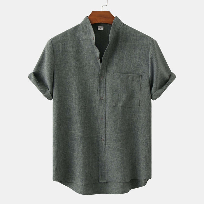 Men's Luxury Casual Button Up Shirt in gray with a stylish collar and short sleeves, featuring a pocket detail.