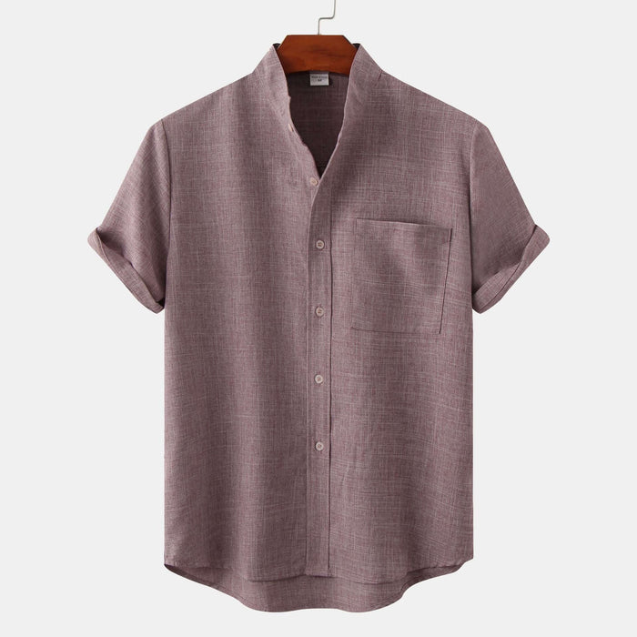 Men's Luxury Casual Button Up Shirt in a stylish maroon color with short sleeves and a pocket.