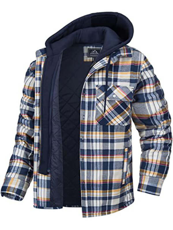 Mens Padded Plaid Hooded Jacket Warm Casual Thick Fit Style+ hood detail