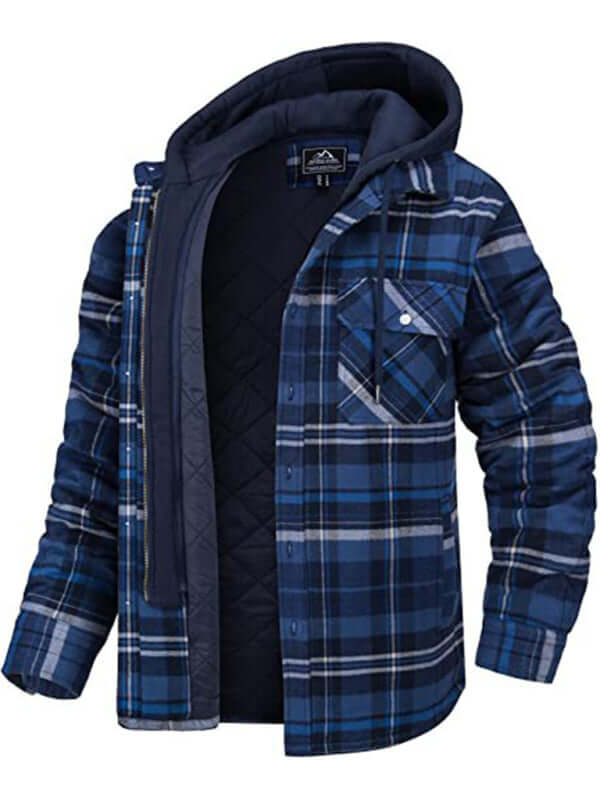Mens Padded Plaid Hooded Jacket Warm Casual Thick Fit Style+ pocket detail