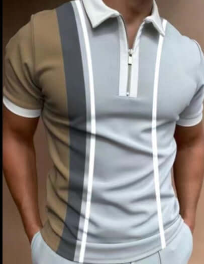Men's POLO Shirt Striped Printed Short Sleeve T-Shirt in stylish gray and beige with a zip collar.