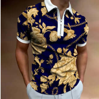 Men's POLO Shirt Striped Printed Short Sleeve T-Shirt featuring floral and chain pattern.
