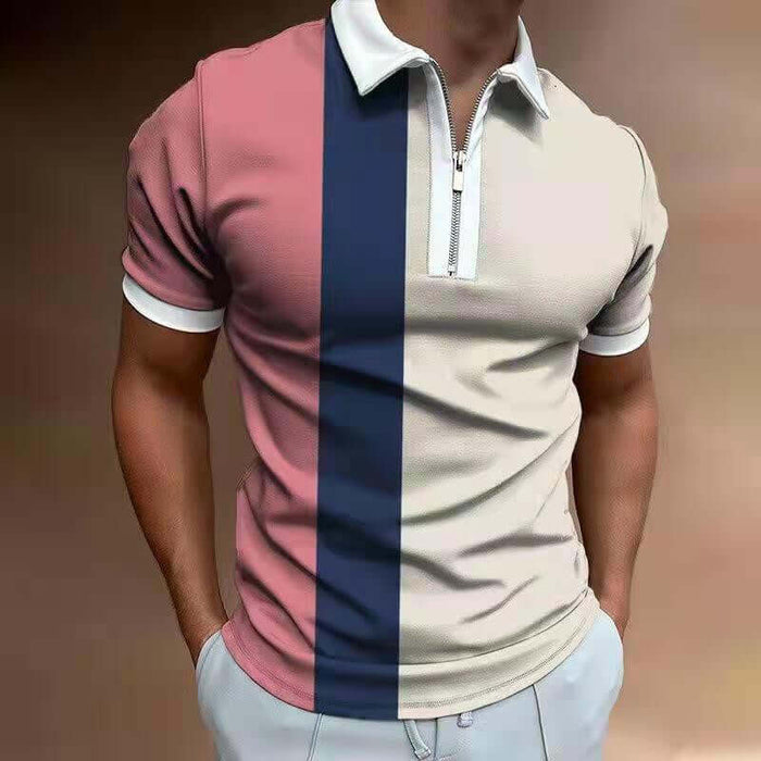 Men's POLO Shirt Striped Printed Short Sleeve T-Shirt in pink and beige with a zip collar.