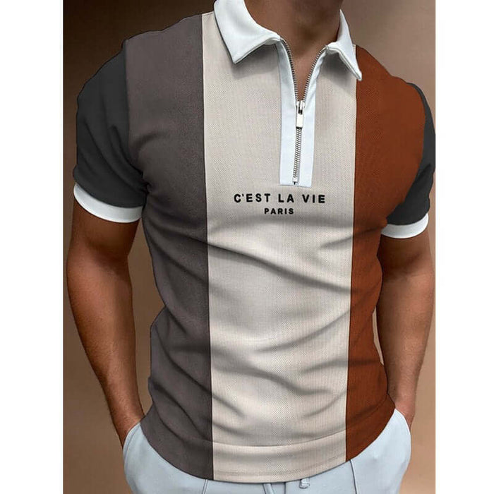 Men's POLO Shirt Striped Printed Short Sleeve T-Shirt with zip collar in brown and gray colors.