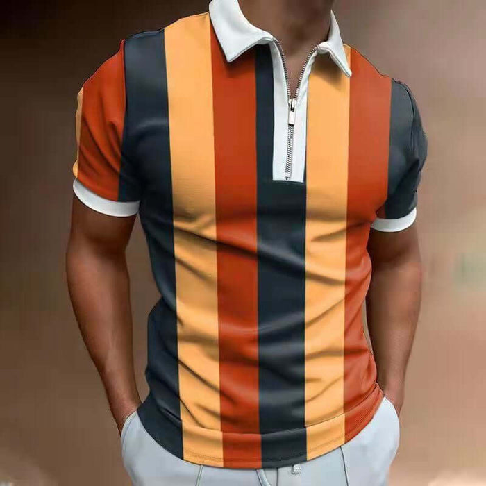Men's POLO Shirt Striped Printed Short Sleeve T-Shirt featuring bold vertical stripes in orange, navy, and yellow.