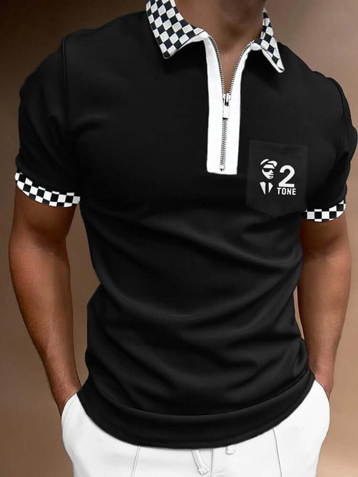 Men's POLO Shirt Striped Printed Short Sleeve T-Shirt in black with checked collar and logo detail.