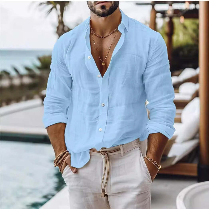 Mens Premium Cotton Linen Business Casual Shirt sky blue
