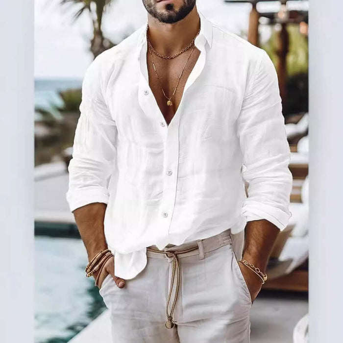 Mens Premium Cotton Linen Business Casual Shirt white