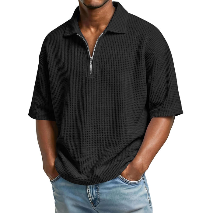 Mens Premium Waffle Knit Breathable Summer Polo black style