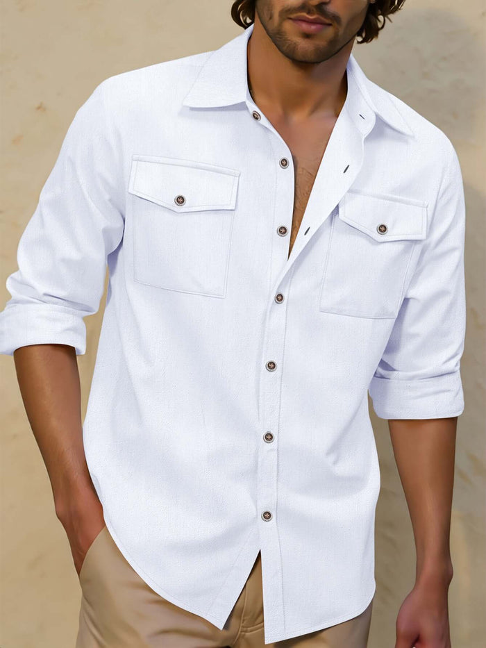 Men's Relaxed Fit Long Sleeve Linen Lapel Shirt Comfortable Everyday Wear