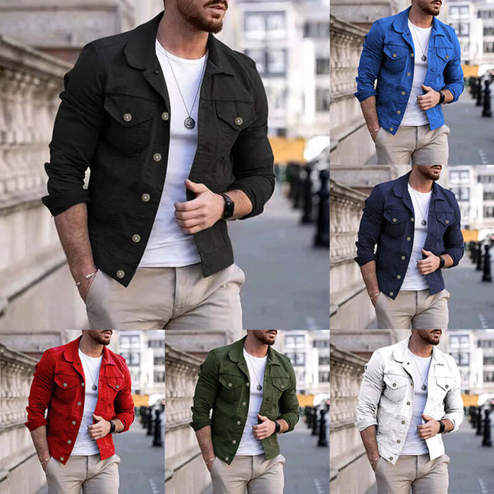 Mens Slim Fit Denim Lapel Jacket Casual Fashion in various colors displayed on a man outdoors.