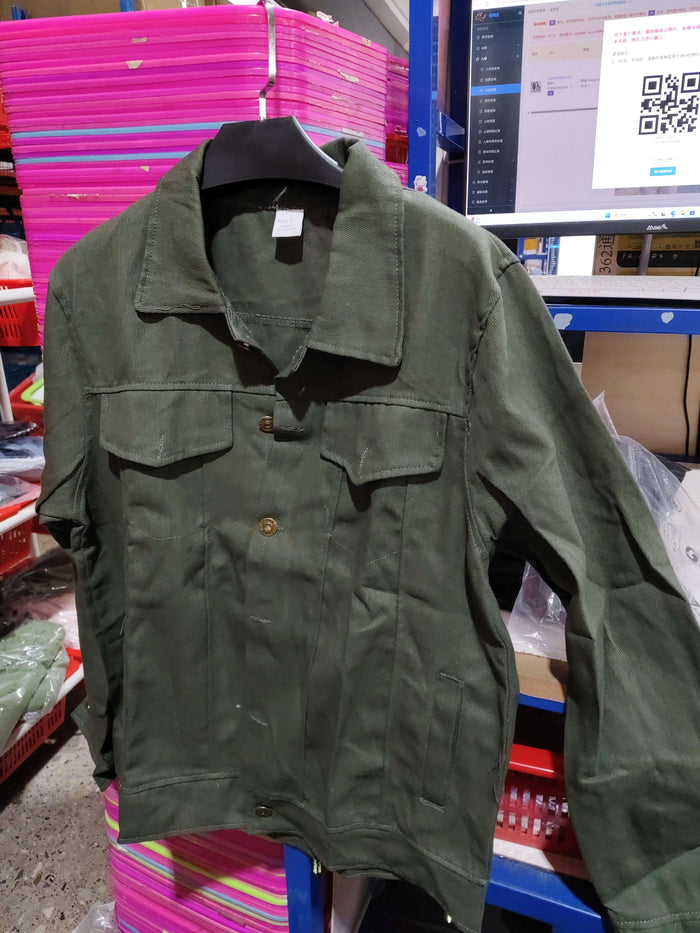 Mens Slim Fit Denim Lapel Jacket Casual Fashion in olive green hanging on a rack.