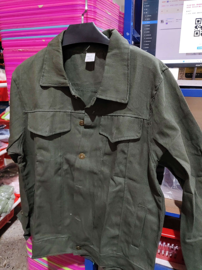 Mens Slim Fit Denim Lapel Jacket Casual Fashion in green hanging on display