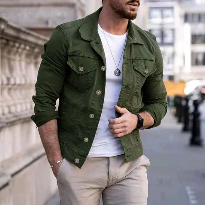 Mens Slim Fit Denim Lapel Jacket Casual Fashion in olive green worn by man with a white shirt outdoors.