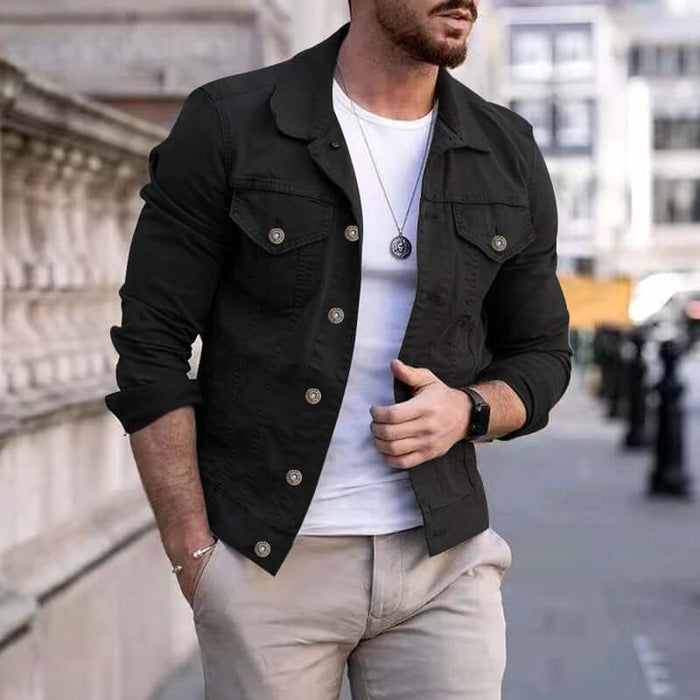 Mens Slim Fit Denim Lapel Jacket Casual Fashion worn by a man outdoors, styled with a white t-shirt and beige pants.