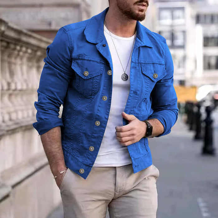 Mens Slim Fit Denim Lapel Jacket Casual Fashion worn by a man in a blue jacket and white t-shirt outdoors.